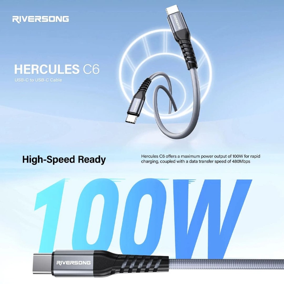 RIVERSONG 1.2m/2m/3m  Hercules C6 100W USB-C to USB-C Fash Charging CT50 | Fast Charging | E-Maker Intelligent | 480Mbps Data Transfer | Charging with 1 Year Warranty