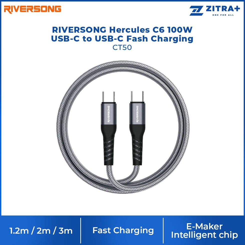 RIVERSONG 1.2m/2m/3m  Hercules C6 100W USB-C to USB-C Fash Charging CT50 | Fast Charging | E-Maker Intelligent | 480Mbps Data Transfer | Charging with 1 Year Warranty