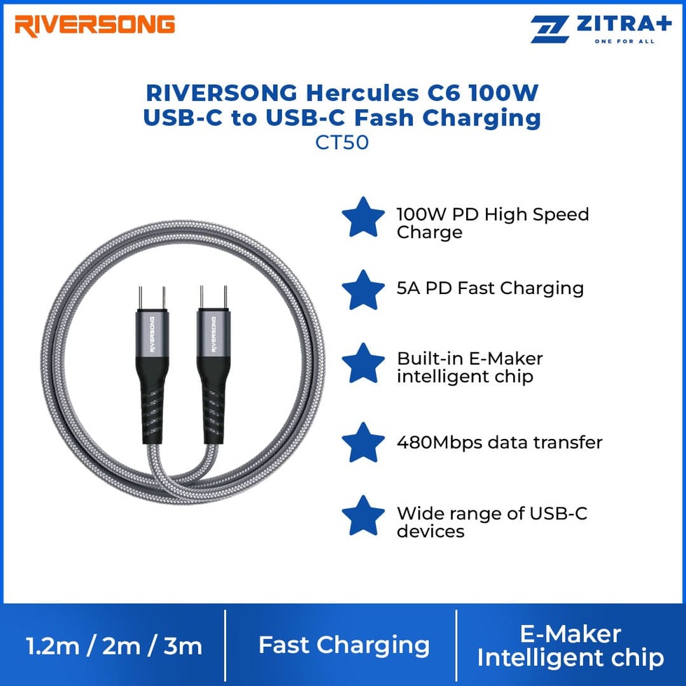 RIVERSONG 1.2m/2m/3m  Hercules C6 100W USB-C to USB-C Fash Charging CT50 | Fast Charging | E-Maker Intelligent | 480Mbps Data Transfer | Charging with 1 Year Warranty