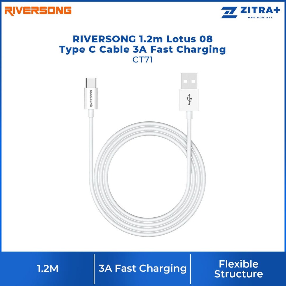 RIVERSONG 1.2m Lotus 08 Type C Cable 3A Fast Charging CT71 |  Flexible Structure | 3A Fast Charging | OTG Data Synchronization | Charging with 1 Year Warranty