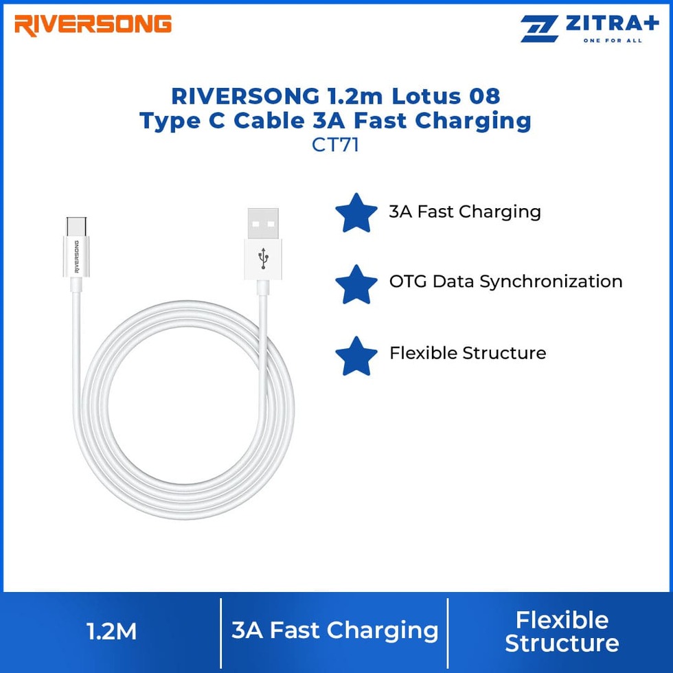 RIVERSONG 1.2m Lotus 08 Type C Cable 3A Fast Charging CT71 |  Flexible Structure | 3A Fast Charging | OTG Data Synchronization | Charging with 1 Year Warranty