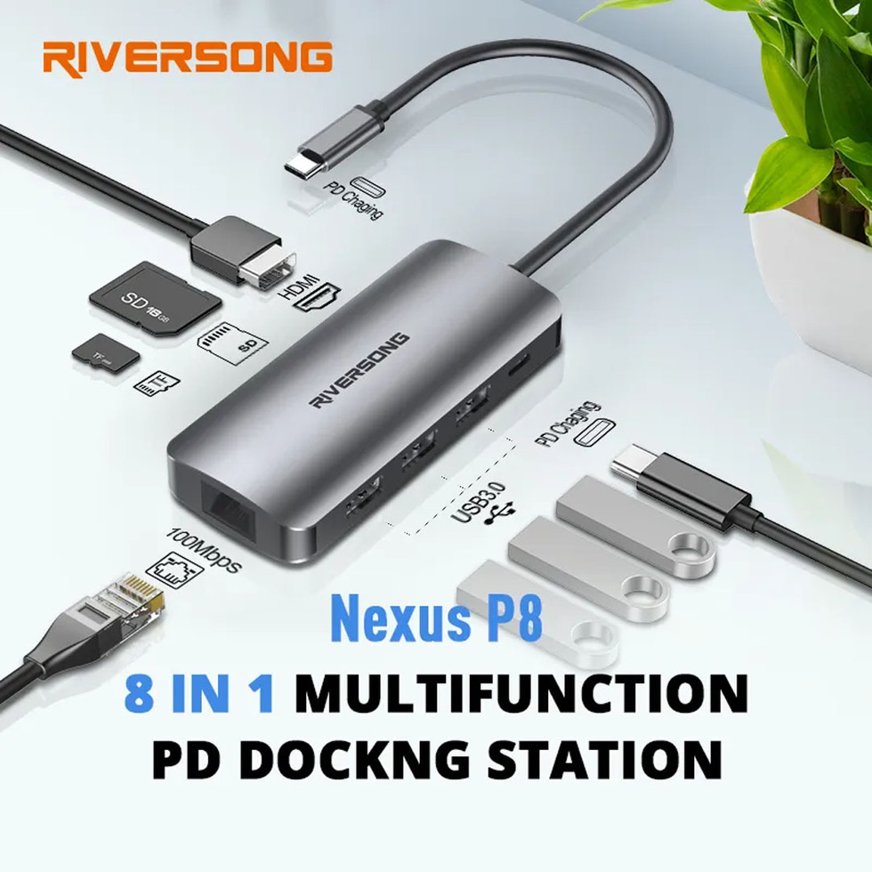RIVERSONG  Nexus P8 Multifunction Type-C Docking Station HB08 | 4K*2K @30Hz | 8 in 1 Multifunction | (5Gbps) Transmission | Docking Station with 1 Year Warranty