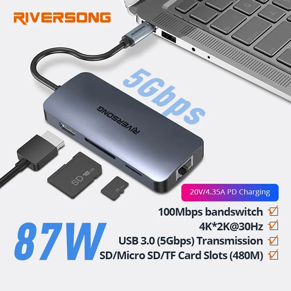 RIVERSONG  Nexus P8 Multifunction Type-C Docking Station HB08 | 4K*2K @30Hz | 8 in 1 Multifunction | (5Gbps) Transmission | Docking Station with 1 Year Warranty