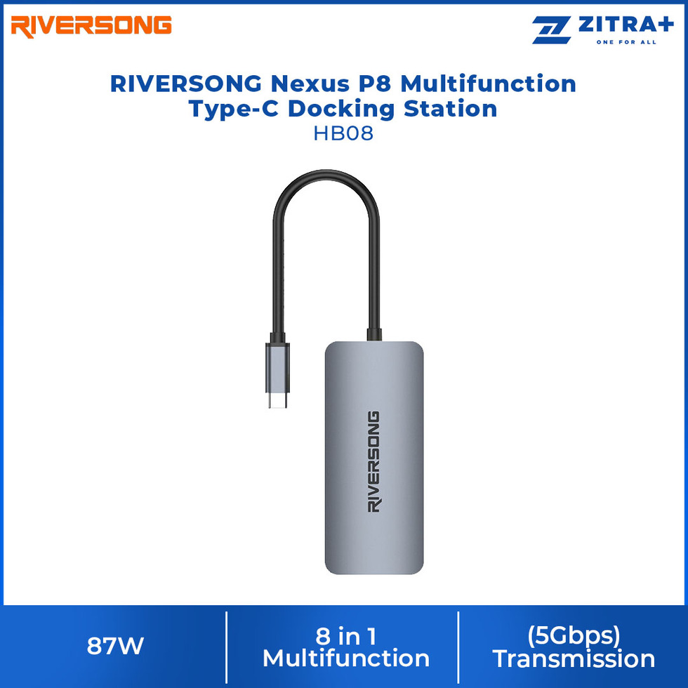 RIVERSONG  Nexus P8 Multifunction Type-C Docking Station HB08 | 4K*2K @30Hz | 8 in 1 Multifunction | (5Gbps) Transmission | Docking Station with 1 Year Warranty