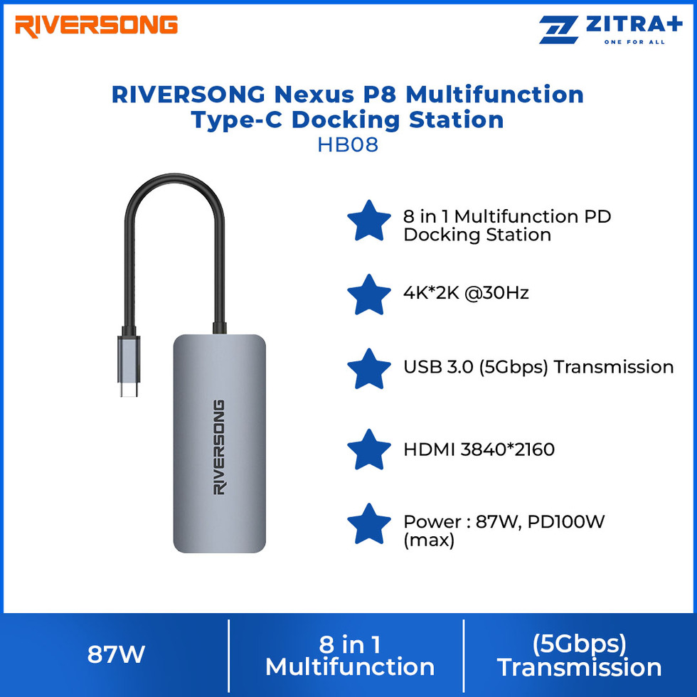 RIVERSONG  Nexus P8 Multifunction Type-C Docking Station HB08 | 4K*2K @30Hz | 8 in 1 Multifunction | (5Gbps) Transmission | Docking Station with 1 Year Warranty