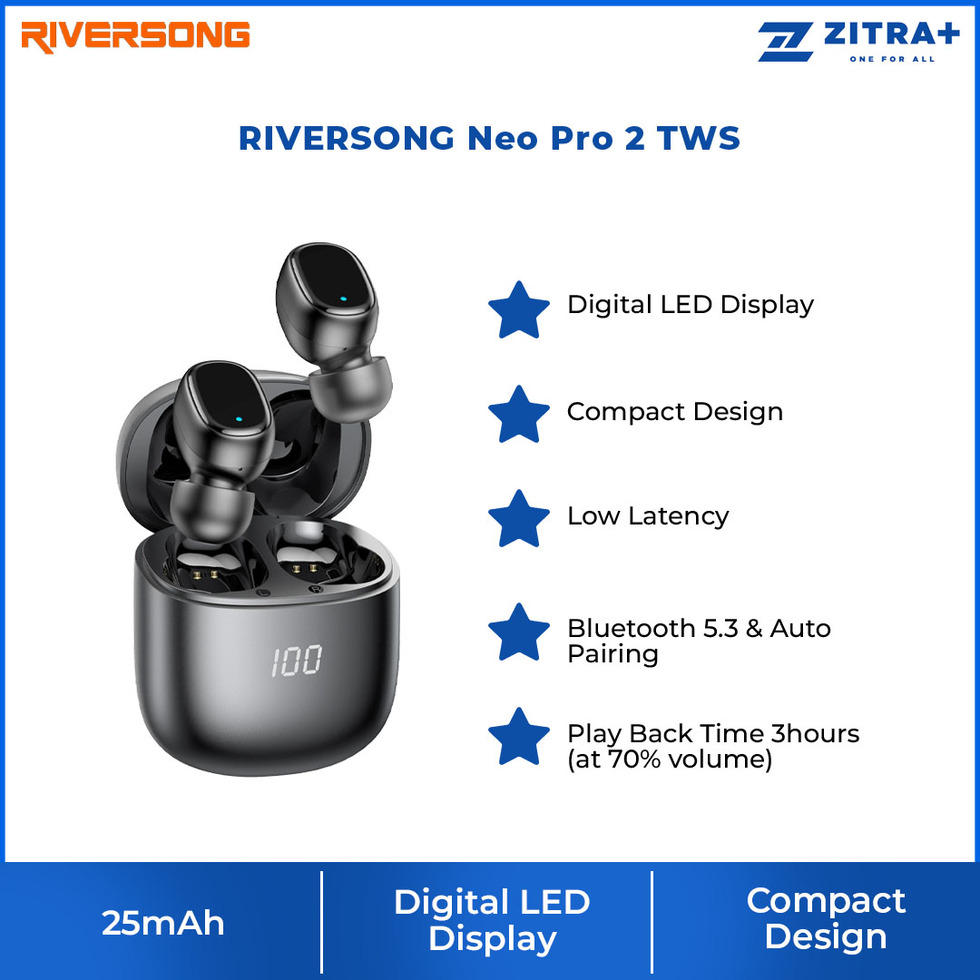 RIVERSONG Neo Pro 2 TWS |  Comfort Wearing | Digital LED Display | Acrylic Lens Design | EarBuds with 1 Year Warranty