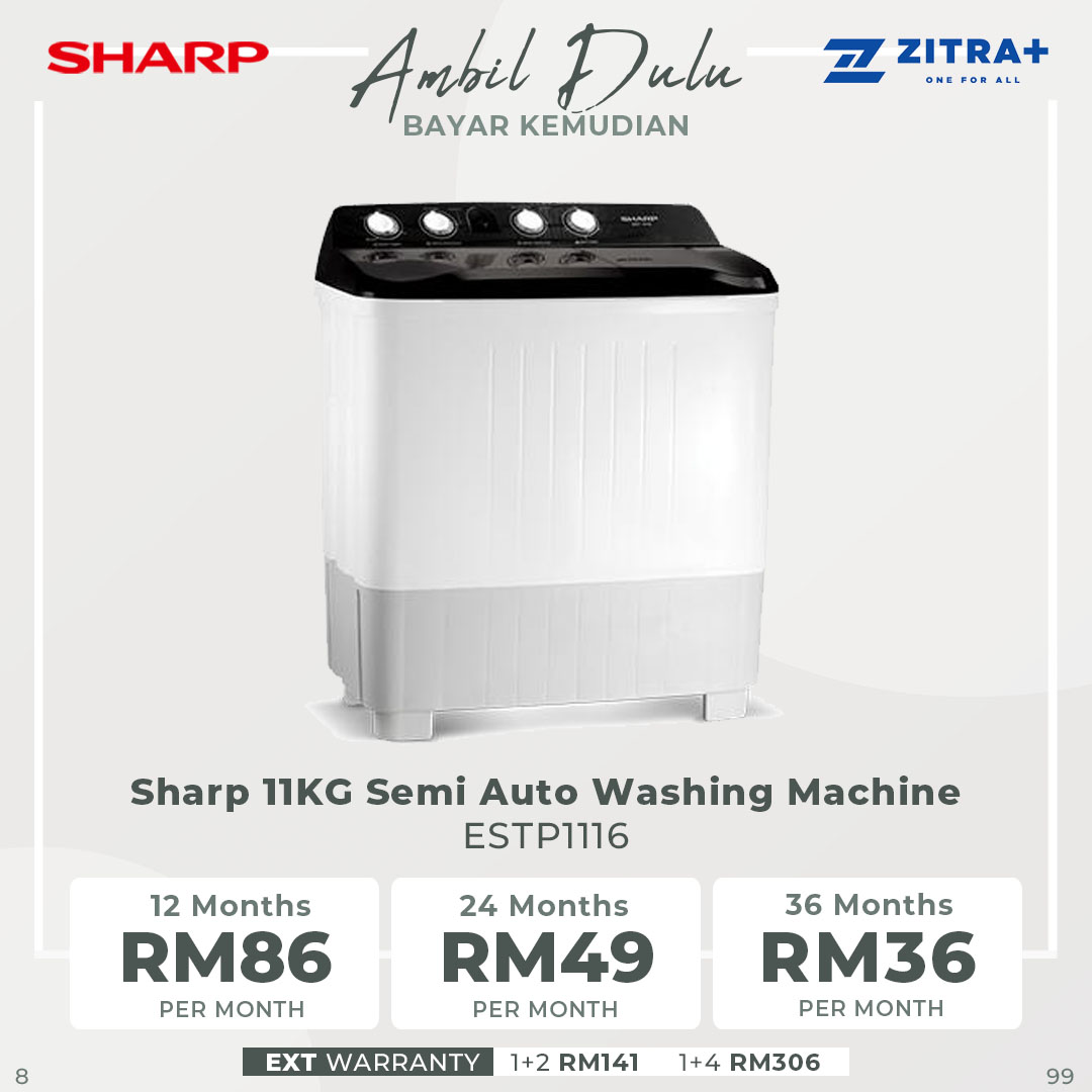 Sharp 11KG Semi Auto Washing Machine ESTP1116 | 3-courses Washing Programmes | Wash Timer | Spin Timer | Washing Machine with 1 Year Warranty