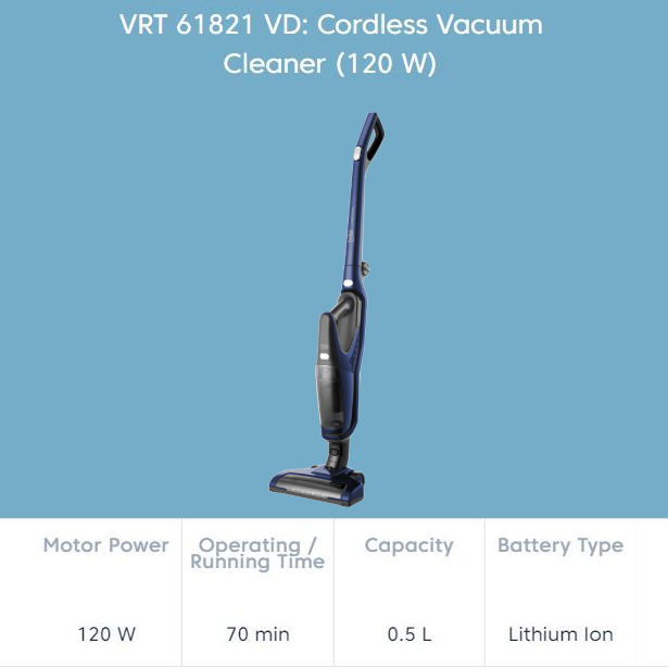 Beko 120W Cordless Vacuum Cleaner VRT 61821 VD | 70min Running Time | 11W Suction Power | Rechargeable Battery | Foldable Handle | Vacuum Cleaner with 2 Years Warranty