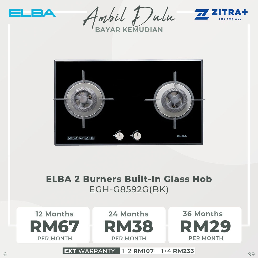 ELBA 2 burners Built-In Glass Hob EGH-G8592G(BK) | Cast Iron Pan Support | Safety Valve | Mirror Edges Design | Built-in Hob with 1 Year Warranty