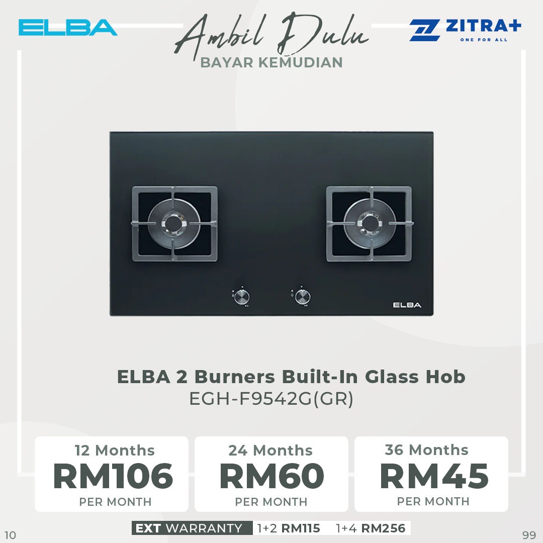 ELBA 2 Burners Built-In Glass Hob EGH-F9542G(GR) | Original Italian SABAF Burner | Cast Iron Pan Support | Embraced Aluminium Frame Protection | Hob with 1 Year Warranty