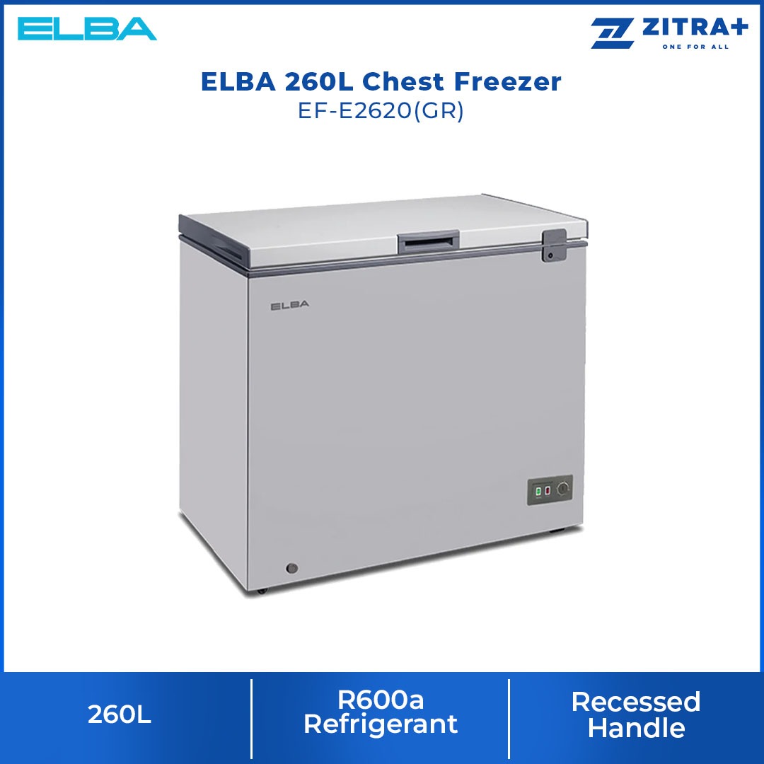 ELBA 130L|190L|260L Chest Freezer EF-E1310(GR)/EF-E1915(GR)/EF-E2620(GR) | R600a | Mechanical Control | Recessed Handle | Safety Lock | Chest Freezer with 1 Year General Warranty & 5 Years Motor Warranty
