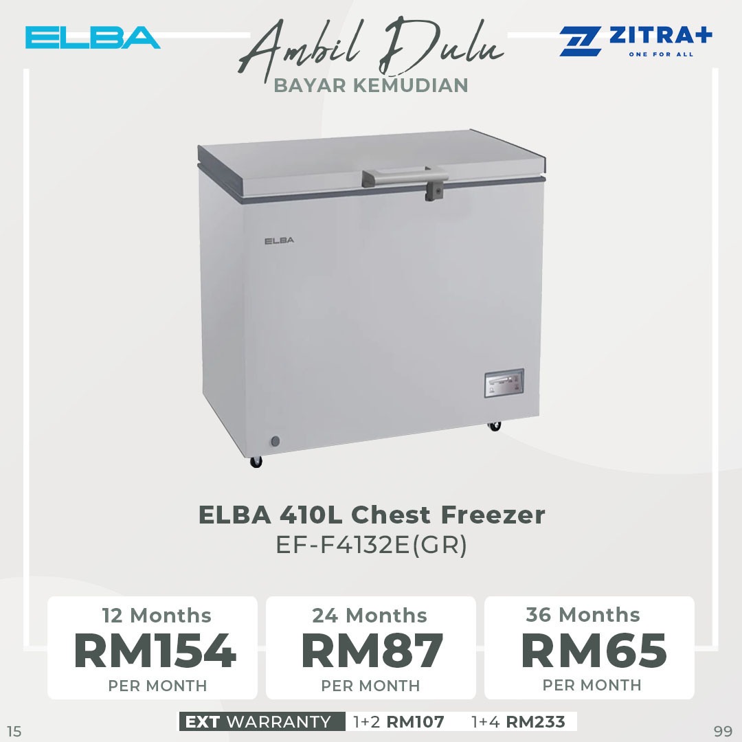 ELBA 410L|510L Chest Freezer EF-F4132E(GR)/EF-F5138E(GR) | R600a | Electronic Control | Recessed Handle | Safety Lock | Chest Freezer with 1 Year General Warranty & 5 Years Motor Warranty
