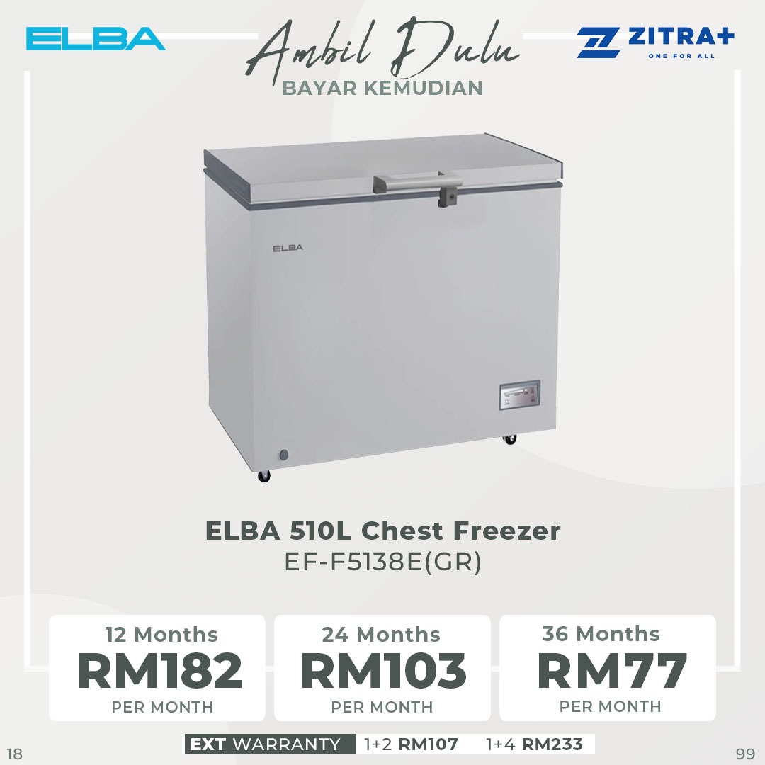 ELBA 410L|510L Chest Freezer EF-F4132E(GR)/EF-F5138E(GR) | R600a | Electronic Control | Recessed Handle | Safety Lock | Chest Freezer with 1 Year General Warranty & 5 Years Motor Warranty