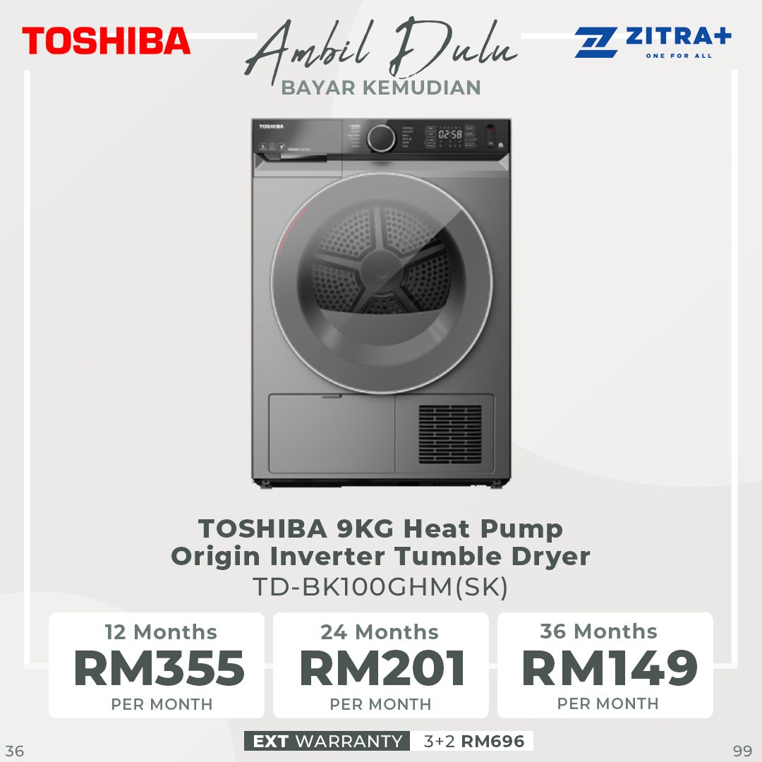 Toshiba 9KG Heat Pump Inverter Tumble Dryer TD-BK100GHM(SK) | Heat Pump | Smart Control | Drying Cycle Auto Set | Sensedry | Hygiene | UV Sanitize | Anti-Crease | Stack | Tumbler Dryer 1 Year General & 10 Year Motor Warranty