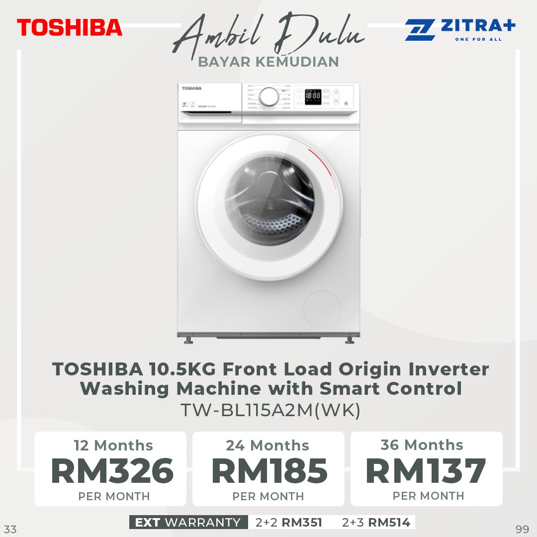 TOSHIBA 10.5KG Front Load Inverter Washing Machine TW-BL115A2M(WK) | The Greatwaves | Ultra Fine Bubble | Steam Wash | Drum Clean | IOT TSmartLife App Control | Washing Machine with 2 Year General Warranty & 2 Year Panel Warranty & 10 Year Motor Warranty