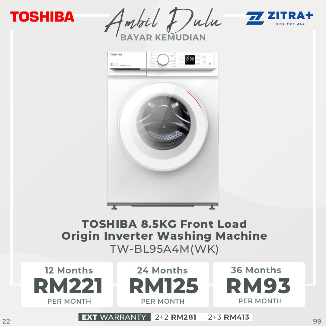 TOSHIBA 8.5KG Front Load Inverter Washing Machine TW-BL95A4M(WK) | Ultra Fine Bubble | Origin Inverter | Steam Wash | Drum Clean | IOT TSmartLife | Add Garment | Washing Machine with 2 Year General Warranty & 2 Year Panel Warranty & 10 Year Motor Warranty