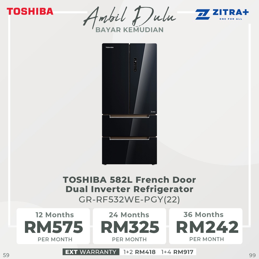 TOSHIBA 582L French Doors Dual Inverter Refrigerator GR-RF532WE-PGY(22) | Dual Inverter | Ice Maker | ECO Mode | No Frost | Plasma Pure | Quick Freezing Mode | Refrigerators with 1 Year Warranty