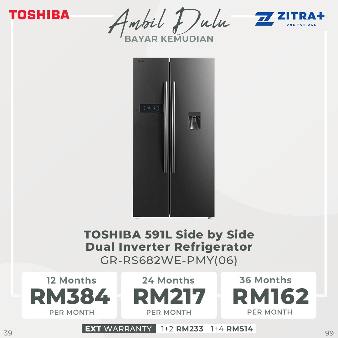 TOSHIBA 591L Side by Side Dual Inverter Refrigerator GR-RS682WE-PMY(06) | Dual Inverter | Ice Maker | Quick Cooling Air | Pure BIO | Multi-Air Flow | Cool Water Dispenser | Alloy Cooling | Eco LED Light | Refrigerators with 1 Year Warranty