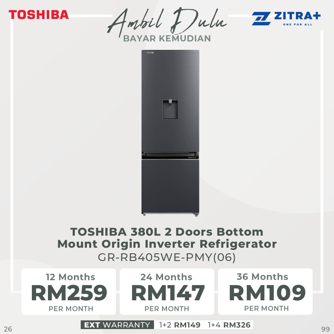 TOSHIBA 380L 2 Doors Bottom Mount Origin Inverter Refrigerator GR-RB405WE-PMY(06) | Water Dispenser | Folded Shelf | Electronic Control | Mega Ice | Refrigerator with 1 Year Warranty