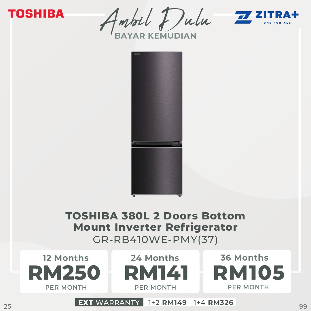TOSHIBA 380L 2 Doors Bottom Mount Inverter Refrigerator GR-RB410WE-PMY(37) | Water Dispenser | Folded Shelf | Electronic Control | Mega Ice | Refrigerator with 1 Year Warranty