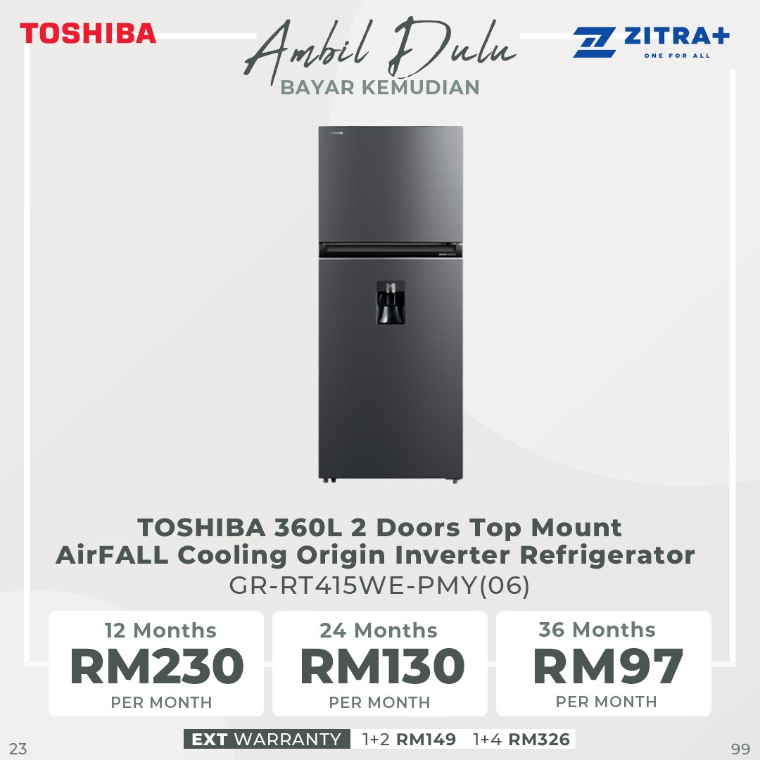 TOSHIBA 360L 2 Doors Top Mount AirFALL Cooling Origin Inverter Refrigerator GR-RT415WE-PMY(06) | 5-Star Energy Efficiency | Humidity Control | Cooling Zone | Water Dispenser | Refrigerator with 1 Year Warranty