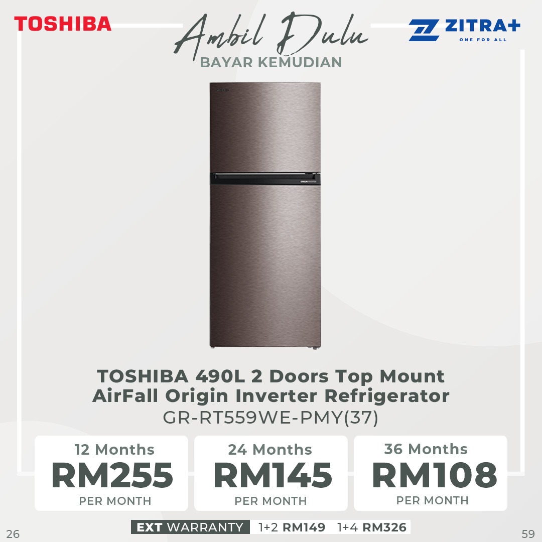 TOSHIBA 490L 2 Doors Inverter Refrigerator GR-RT559WE-PMY(37) | Airfall Cooling |  Origin Inverter |  Humidity Control | Refrigerator with 1 Year General and 12 Year Compressor Warranty
