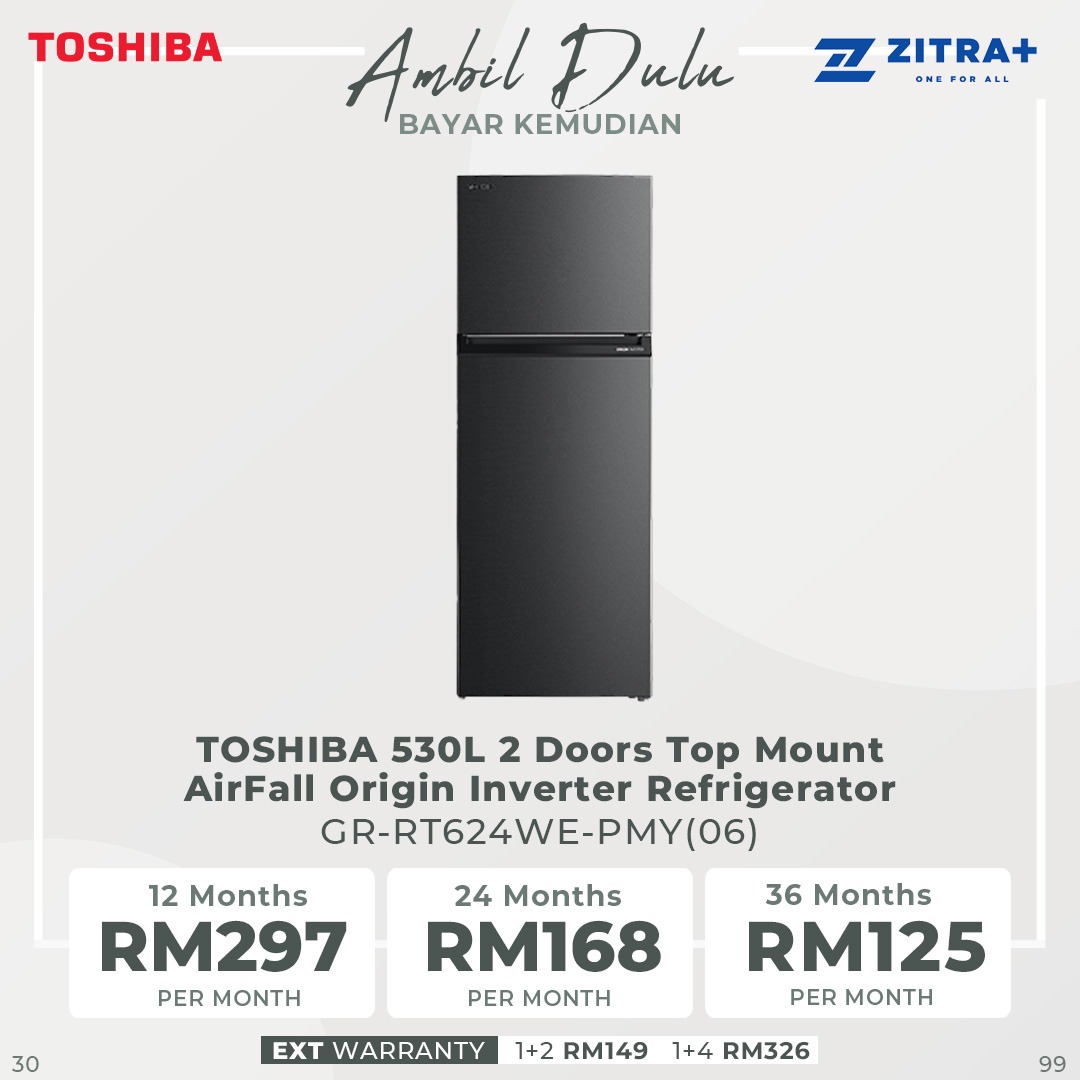 Toshiba 530L 2 Doors Top Mount AirFall Origin Inverter Refrigerator GR-RT624WE-PMY(06) | Pure Bio | Humidity Control | Electric Control | Cooling Zone | Origin Inverter | AirFALL Cooling | Refrigerator with 1 Year Warranty