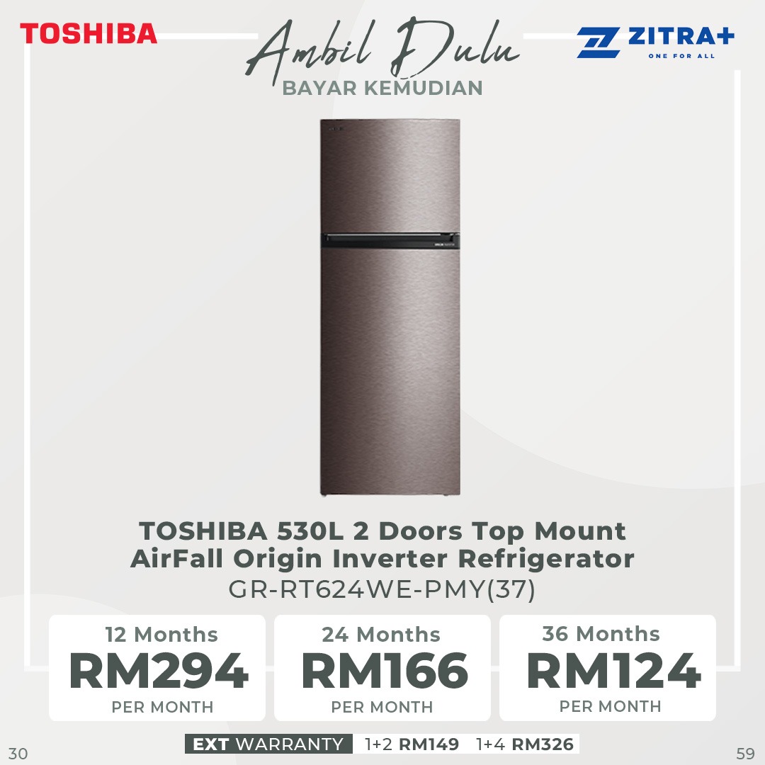 TOSHIBA 530L 2 Doors Inverter Refrigerator GR-RT624WE-PMY(37) | AirFALL Cooling | Origin Inverter | Humidity Control | Refrigerator with 1 Year General & 12 Year Compressor Warranty