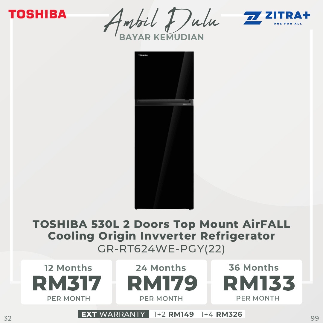 TOSHIBA 530L 2 Door Top Mount AirFALL Cooling Origin Inverter Refrigerator GR-RT624WE-PGY(22) | Electric Control | Pure Bio | Humidity Control | Cooling Zone | Cool Air Wrap | Quick Freezing Mode | Refrigerator with 1 Year General & 12 Year Motor Warranty