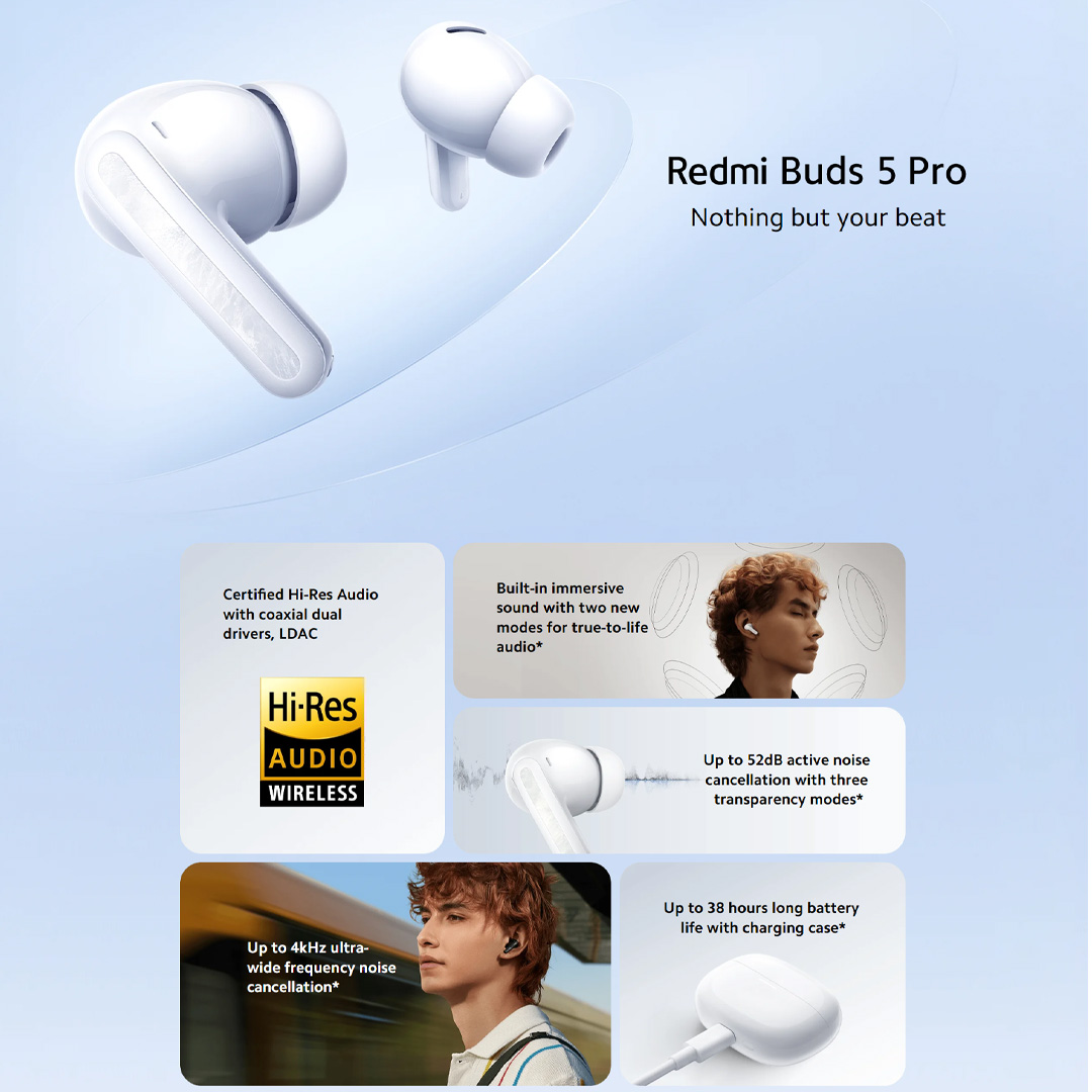(Pre-Order 20.01.24 - 02.02.24) Xiaomi Redmi Buds 5 Pro | 3 Microphone + AI Noise Cancellation For Calls | Hi-Res Audio Wireless | Touch Control | Earbud with 1 Year Warranty