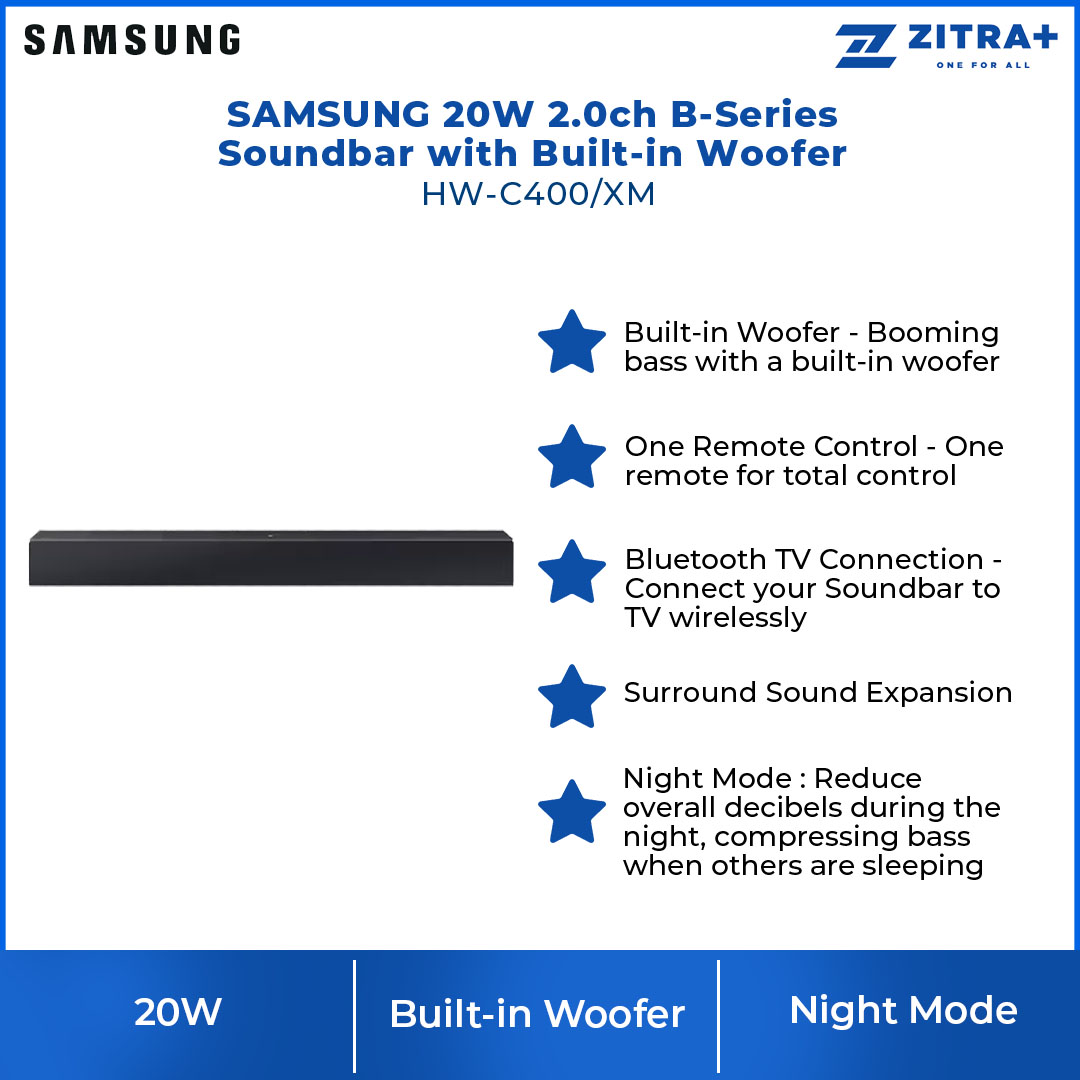 SAMSUNG 20W 2.0ch B-Series Soundbar with Built-in Woofer HW-C400/XM | Built-in Woofer |  Night Mode | Surround Sound Expansion | Bluetooth TV Connection | One Remote Control | Soundbar with 1 Year Warranty