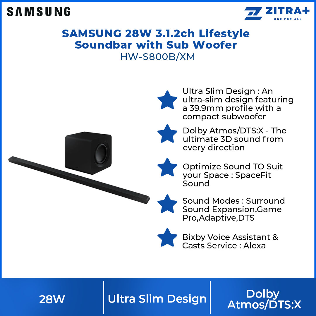 SAMSUNG 28W 3.1.2ch Lifestyle Soundbar with Sub Woofer HW-S800B/XM | Ultra Slim Design | Wireless Dolby Atmos | True 3.1.2ch Sound | Bixby Voice Assistant & Casts Service | Soundbar with 1 Year Warranty