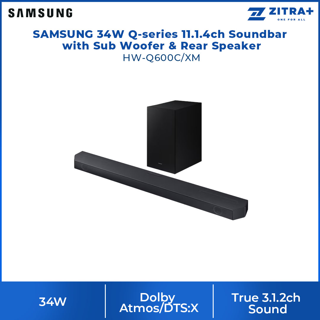 SAMSUNG 34W Q-series 11.1.4ch Soundbar with Sub Woofer & Rear Speaker HW-Q600C/XM | Dolby Atmos | True 3.1.2ch Sound | Q-Symphony | Bluetooth TV Connection | Soundbar with 1 Year Warranty