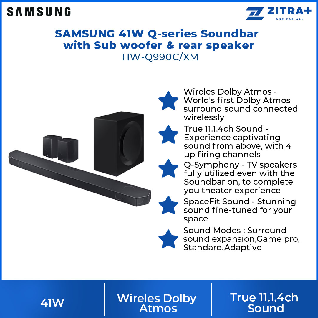 SAMSUNG 41W Q-series Soundbar with Sub Woofer & Rear Speaker HW-Q990C/XM | Wireless Dolby Atmos | True 11.1.4ch Sound | Q-Symphony | Voice assistant & Cast Services | Soundbar with 1 Year Warranty