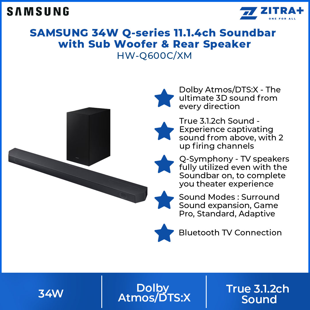 SAMSUNG 34W Q-series 11.1.4ch Soundbar with Sub Woofer & Rear Speaker HW-Q600C/XM | Dolby Atmos | True 3.1.2ch Sound | Q-Symphony | Bluetooth TV Connection | Soundbar with 1 Year Warranty