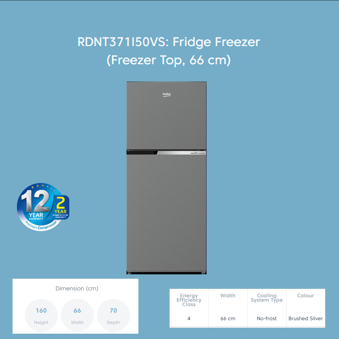 Beko 372L 2 Door Top Mount ProSmart Inverter Refrigerator RDNT371I50VS | NeoFrost Dual Cooling | ProSmart Inverter Compressor | Active Odour Filter | Refrigerator with 2 Years General Warranty & 12 Years Motor Warranty