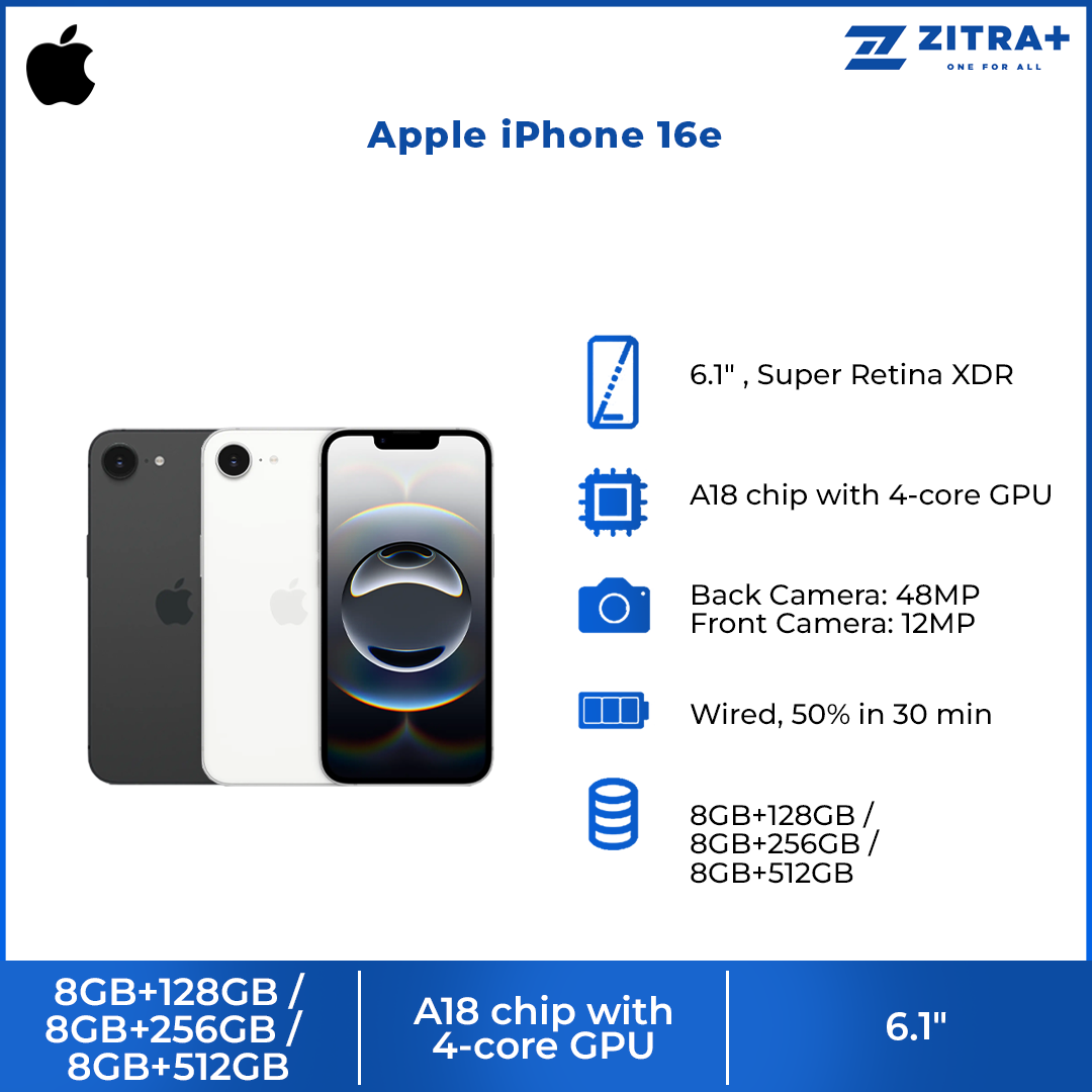 Apple iPhone 16e | 6.1″ , Super Retina XDR display | 48MP Main Camera | A18 chip with 4‑core GPU | Smartphone with 1 Year Warranty