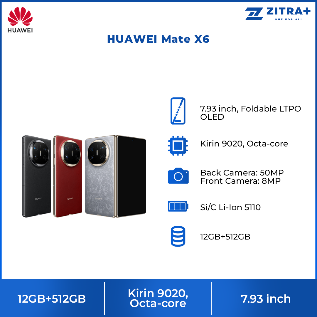 HUAWEI Mate X6 12GB+512GB | 7.93 inch, Foldable LTPO OLED | 50MP Main Camera | Kirin 9020, Octa-core | Si/C Li-Ion 5110, 66W Fast charging