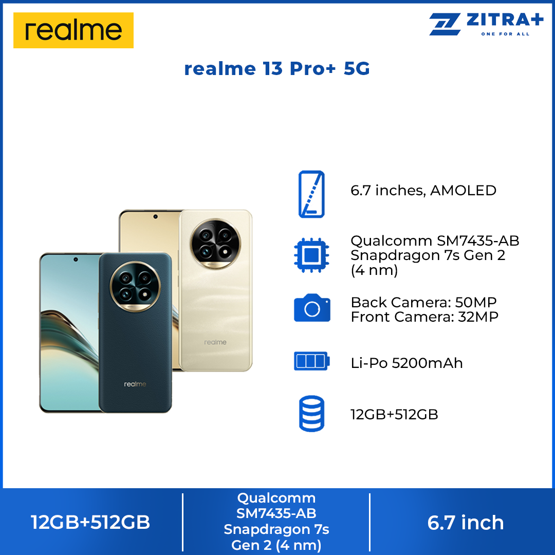 realme 13 Pro+ 5G 12GB+512GB | 6.7 inches, AMOLED | 50MP Main Camera | Qualcomm SM7435-AB Snapdragon 7s Gen 2 (4 nm) | Li-Po 5200mAh