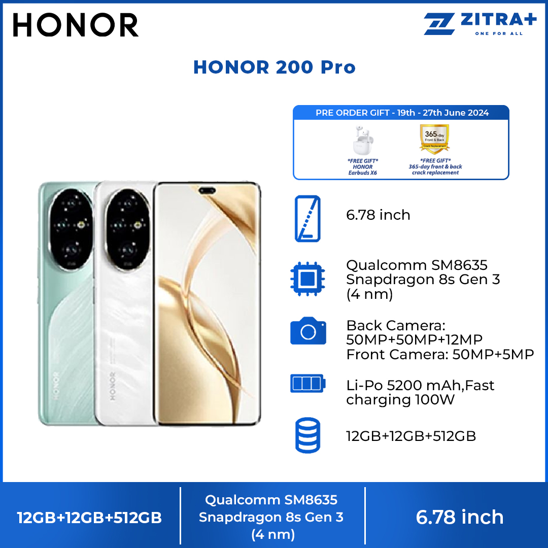 HONOR 200 Pro 12GB+12GB+512GB | Snapdragon 8s Gen 3 | Risk Free Dimming Eye Protection | Harcourt Potrait Mode | 1  Year General Warranty