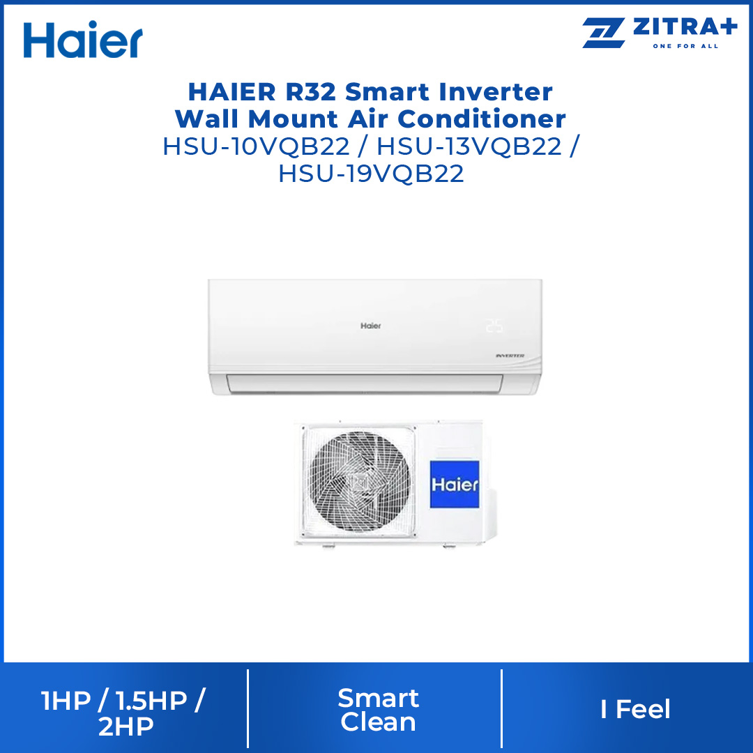 HAIER 1HP/1.5HP/2HP R32 Smart Inverter Wall Mount Air Conditioner HSU-10VQB22/HSU-13VQB22/HSU-19VQB22 | Eco Mode | Energy Saving | Triple Airflow | Smart Clean | Hyper PCB | Air Conditioner with 3 Year Warranty