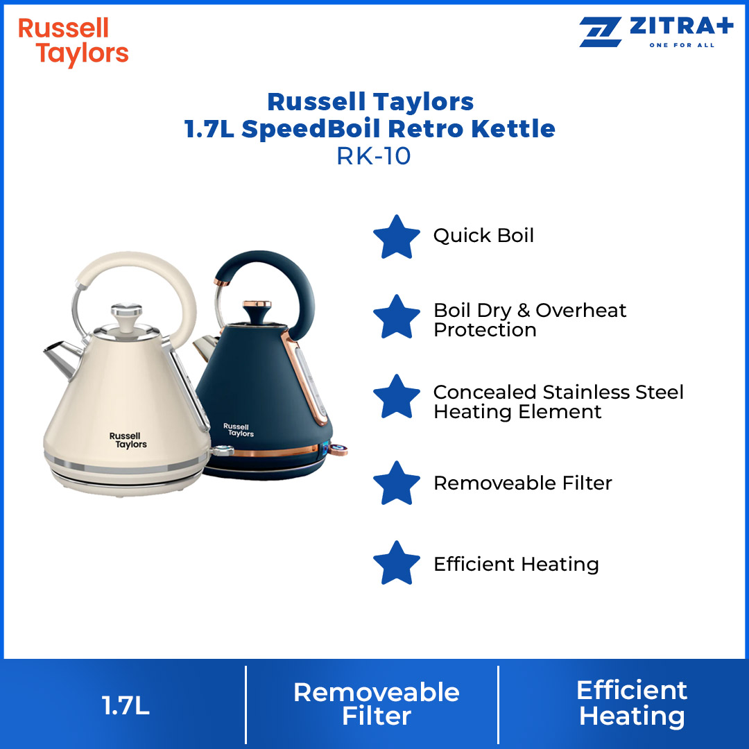 Russell Taylors 1.7L SpeedBoil Retro Kettle RK-10 | Concealed Stainless Steel Heating Element | Boil Dry | Overheat Protection | Kettle with 2 Year Warranty