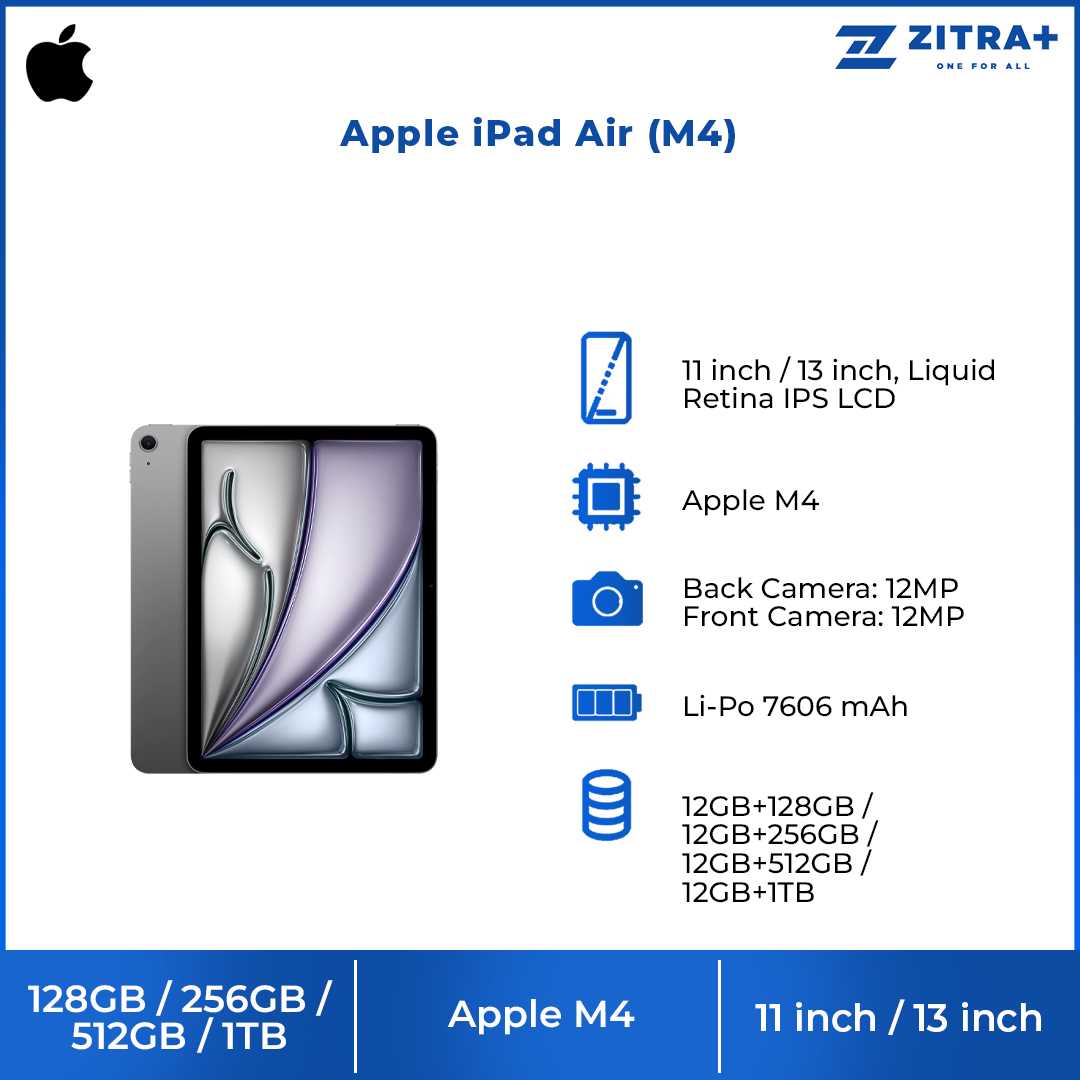 Apple iPad Air (M4) Wi‑Fi/ Wi-Fi + Cellular | 11"/13" | 12MP Rear Camera | Apple M4 Processor | iPadOS 26.3 | Li-Po 7606 mAh
