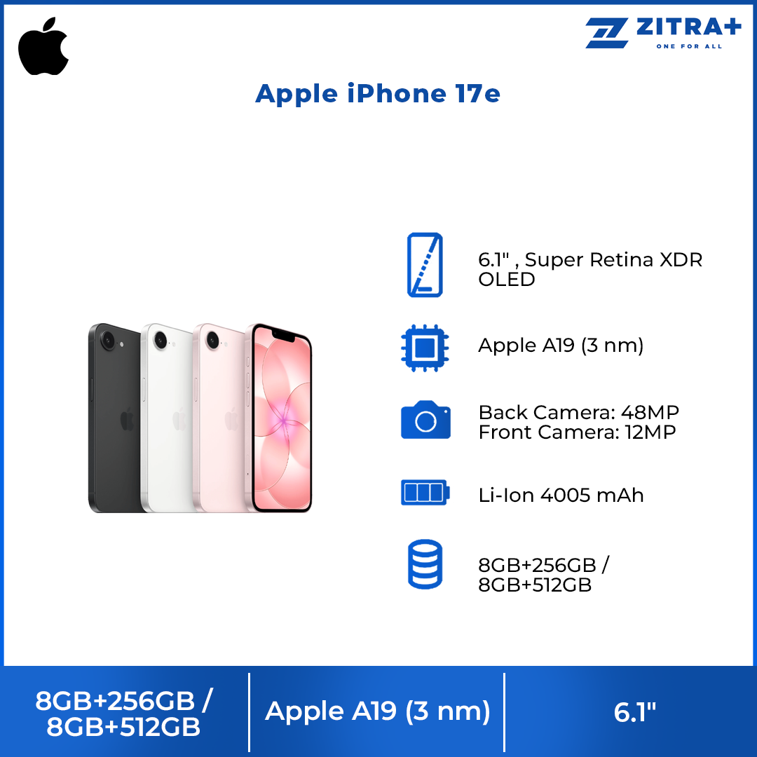 Apple iPhone 17e 8GB+256GB/ 8GB+512GB | 6.1″ | 48MP Rear Camera | Apple A19 (3 nm) | iOS 26.3 | Li-Ion 4005 mAh