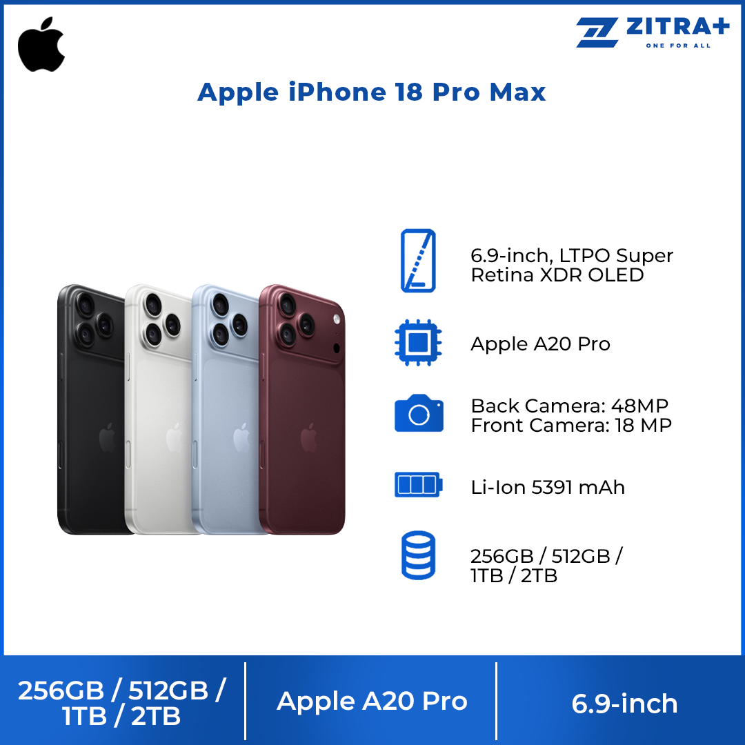 Apple iPhone 18 Pro Max 256GB / 512GB / 1TB / 2TB | 6.9-inch, LTPO Super Retina XDR OLED | 48MP Rear Camera | iOS 27 | Apple A20 Pro | Li-Ion 5391 mAh
