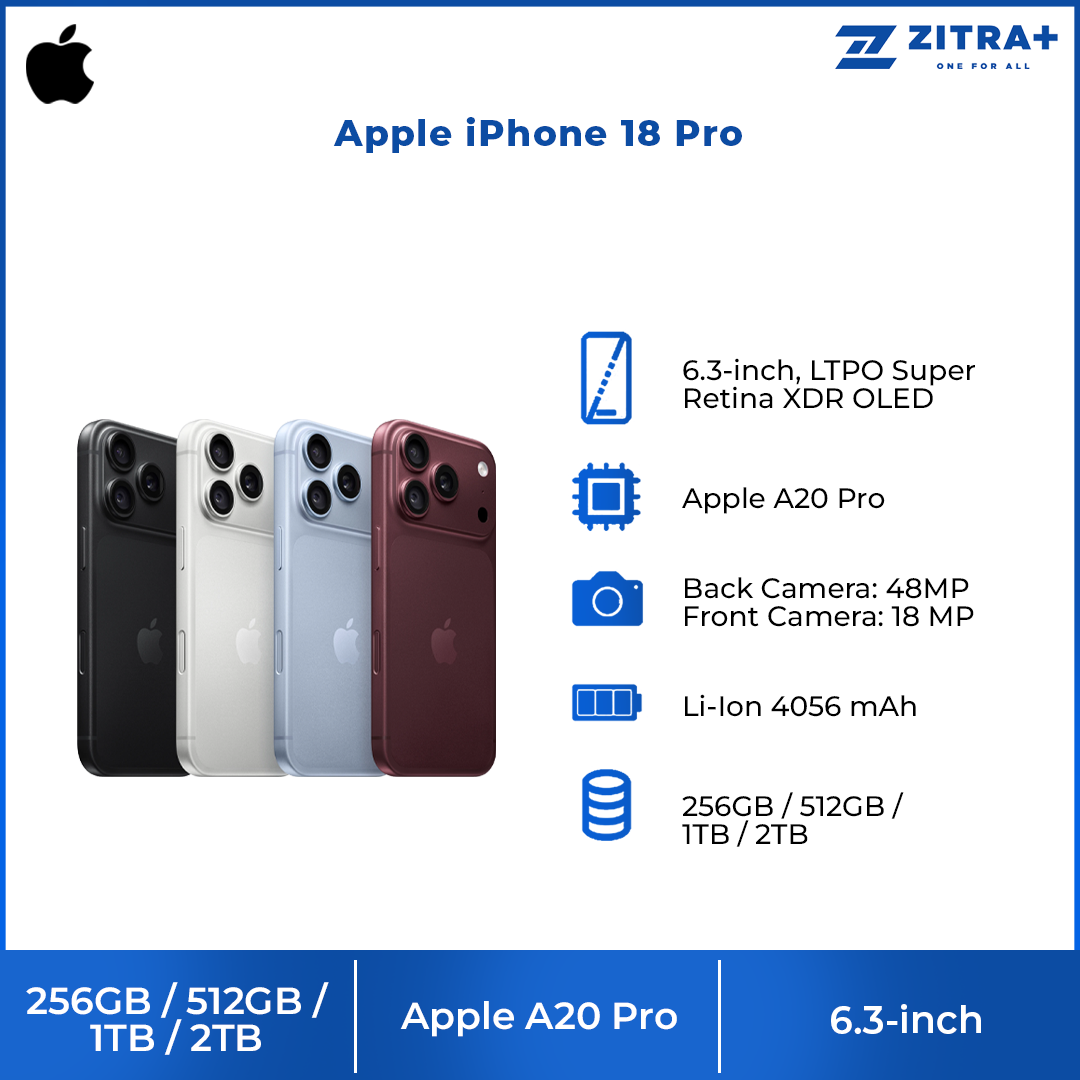 Apple iPhone 18 Pro 256GB / 512GB / 1TB / 2TB | 6.3-inch, LTPO Super Retina XDR OLED | 48MP Rear Camera | iOS 27 | Apple A20 Pro | Li-Ion 4056 mAh