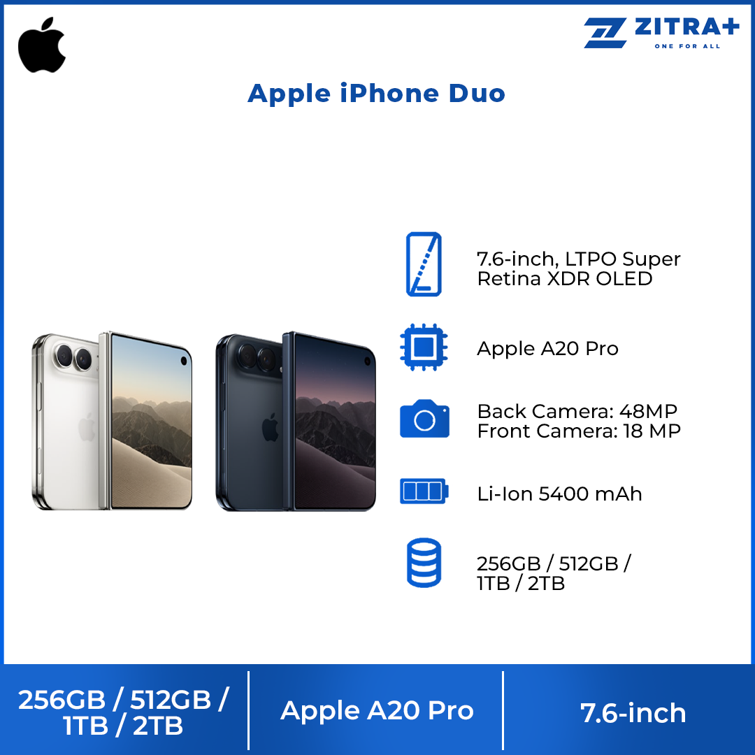 Apple iPhone Duo 256GB / 512GB / 1TB / 2TB | 7.6-inch, LTPO Super Retina XDR OLED| 48MP Rear Camera | iOS 27 | Apple A20 Pro | Li-Ion 5400 mAh