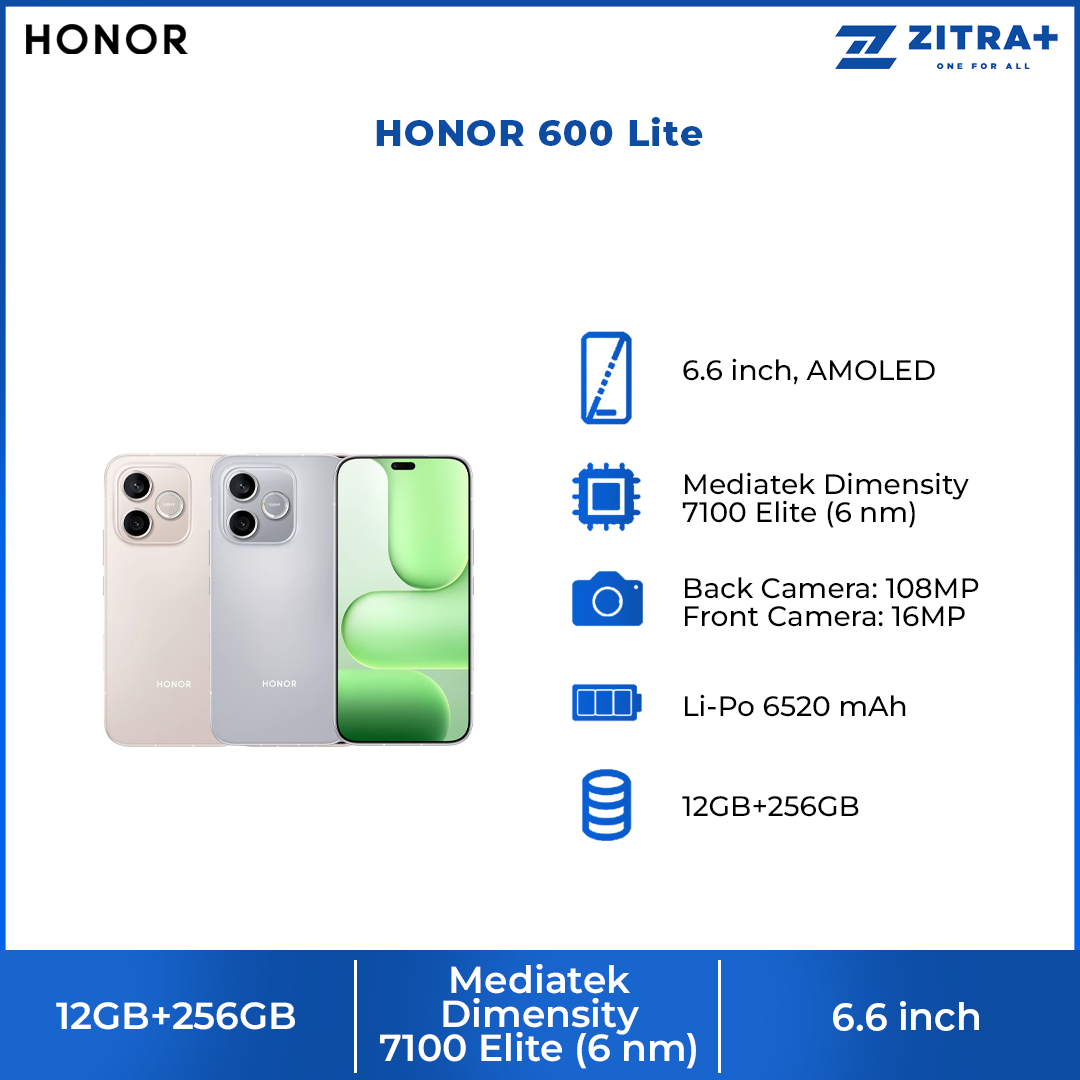 HONOR 600 Lite 12GB+256GB | 6.6 inch, AMOLED | 108MP Rear Camera | Mediatek Dimensity 7100 Elite (6 nm) | Android 16, MagicOS 10 | Li-Po 6520 mAh