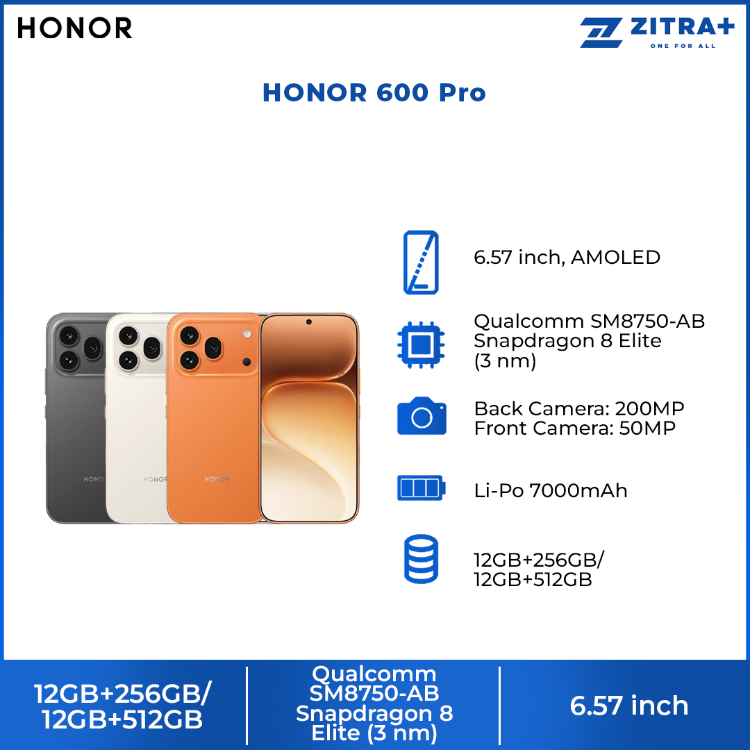HONOR 600 Pro 12GB+256GB/ 12GB+512GB | 6.57 inch, AMOLED | 200MP Rear Camera | Qualcomm SM8750-AB Snapdragon 8 Elite (3 nm) | Li-Po 7000mAh 