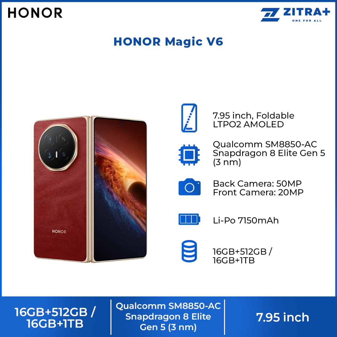 HONOR Magic V6  16GB+512GB / 16GB+1TB |Qualcomm Snapdragon® 8 Elite Gen 5 | 80W + 66W Dual SuperCharge |  IP68 & IP69